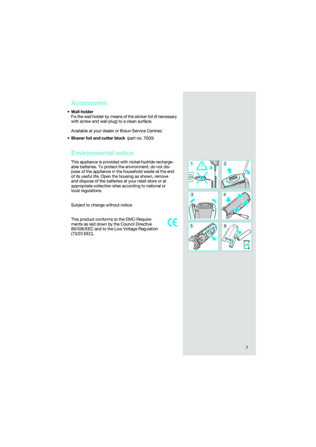 Braun 7540 manual Accessories, Environmental notice, Wall holder, Shaver foil and cutter block part no 