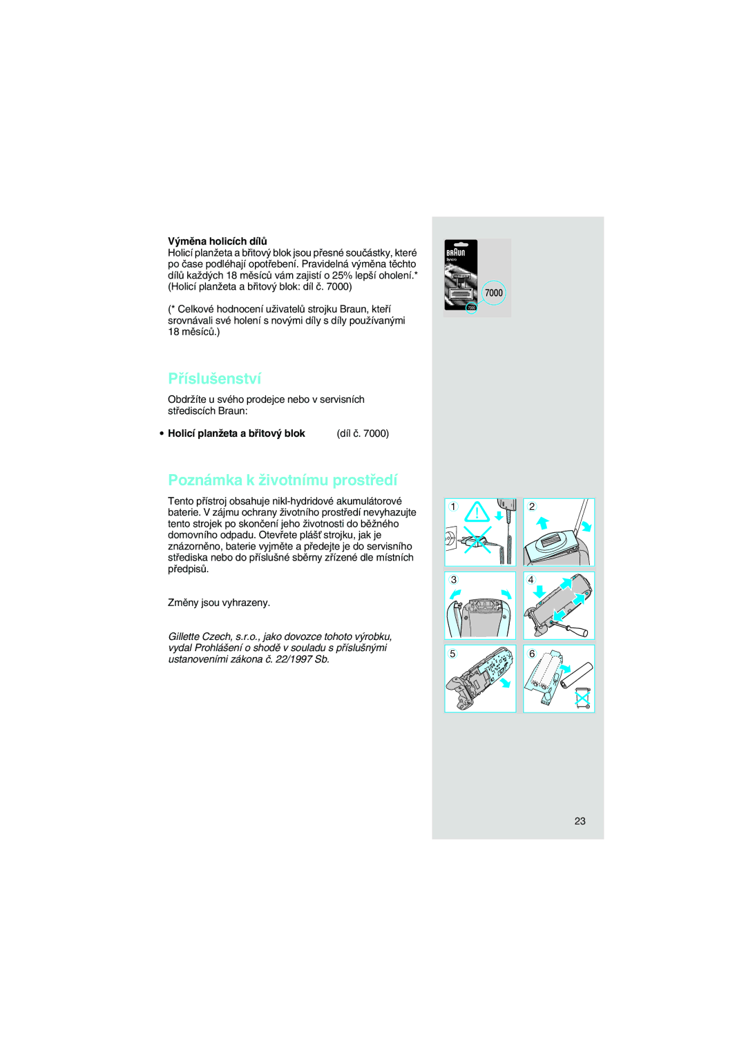 Braun 7570 manual Pﬁíslu‰enství, Poznámka k Ïivotnímu prostﬁedí, ˘mûna holicích dílÛ, Holicí planÏeta a bﬁitov˘ blok 