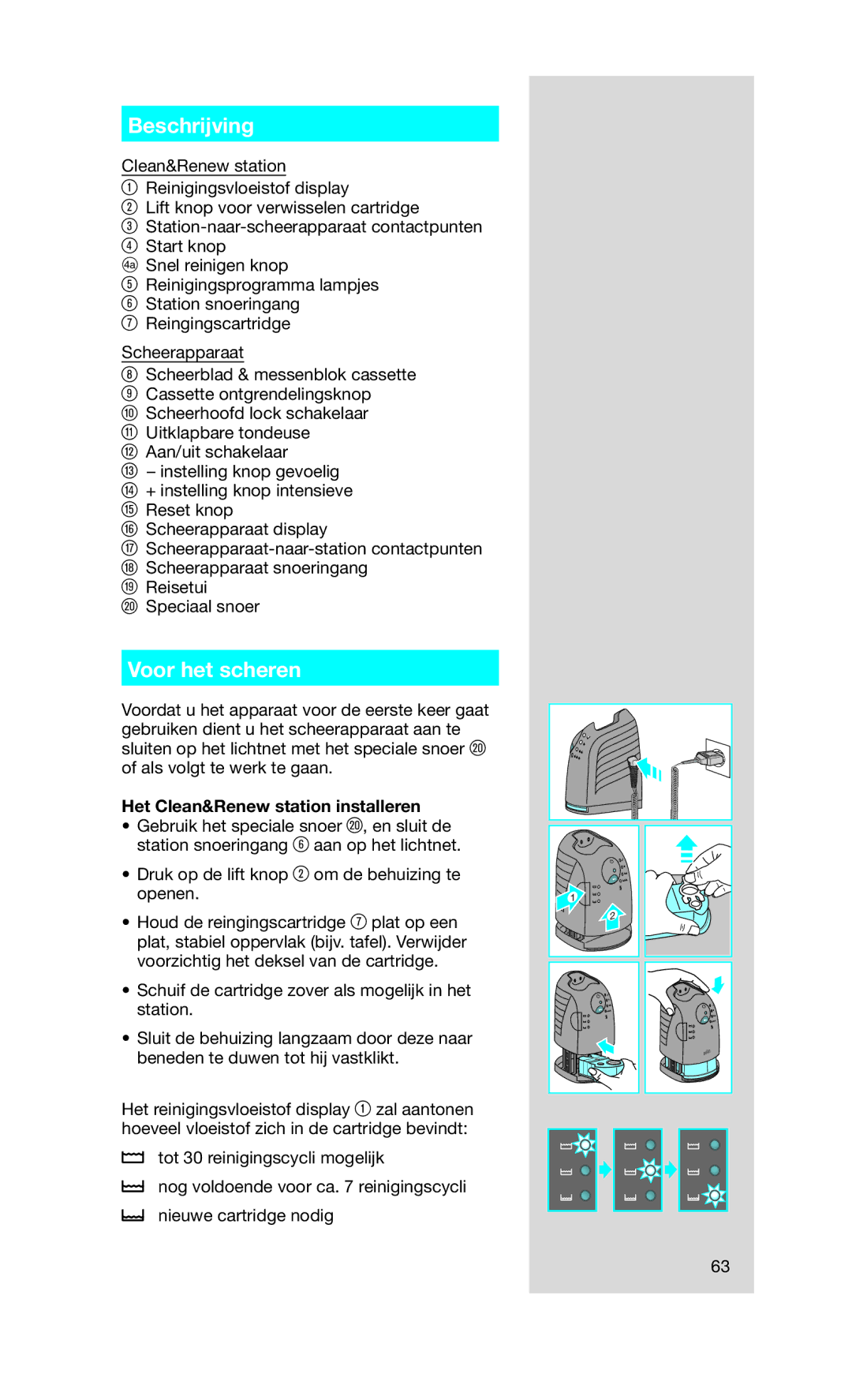 Braun 760CC-7 manual Beschrijving, Voor het scheren, Het Clean&Renew station installeren 