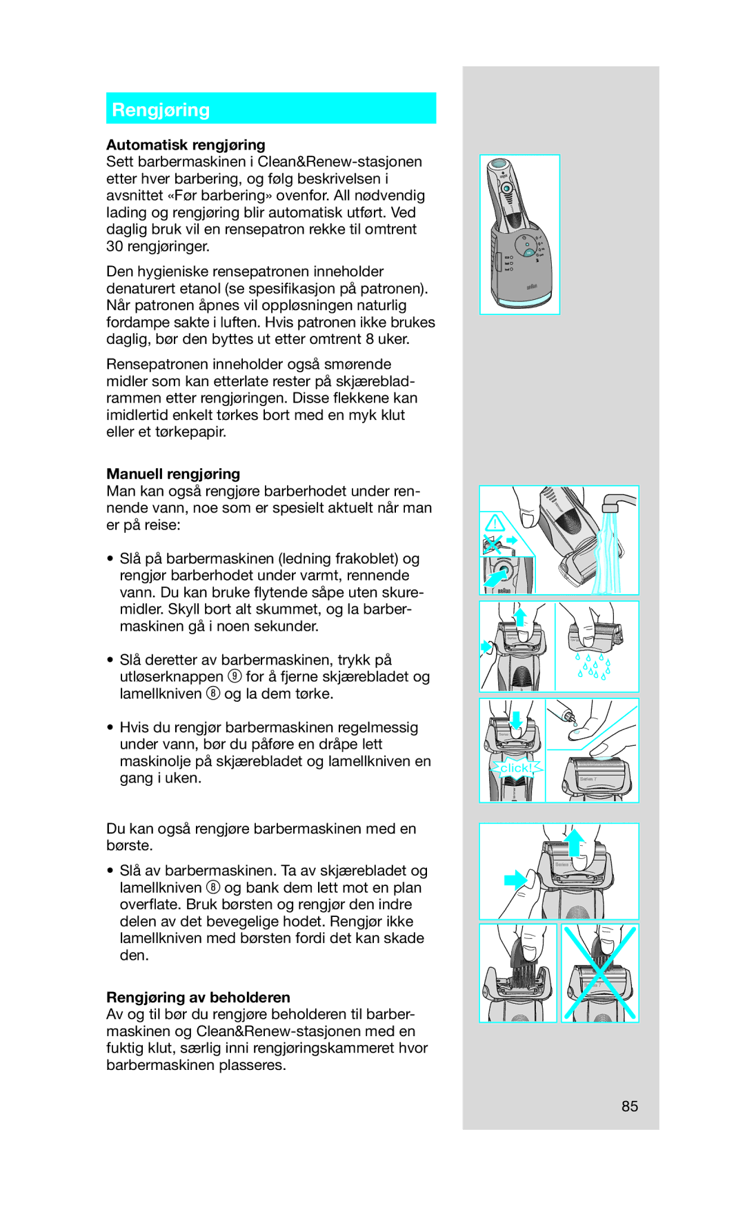 Braun 760CC-7 manual Automatisk rengjøring, Manuell rengjøring, Rengjøring av beholderen 