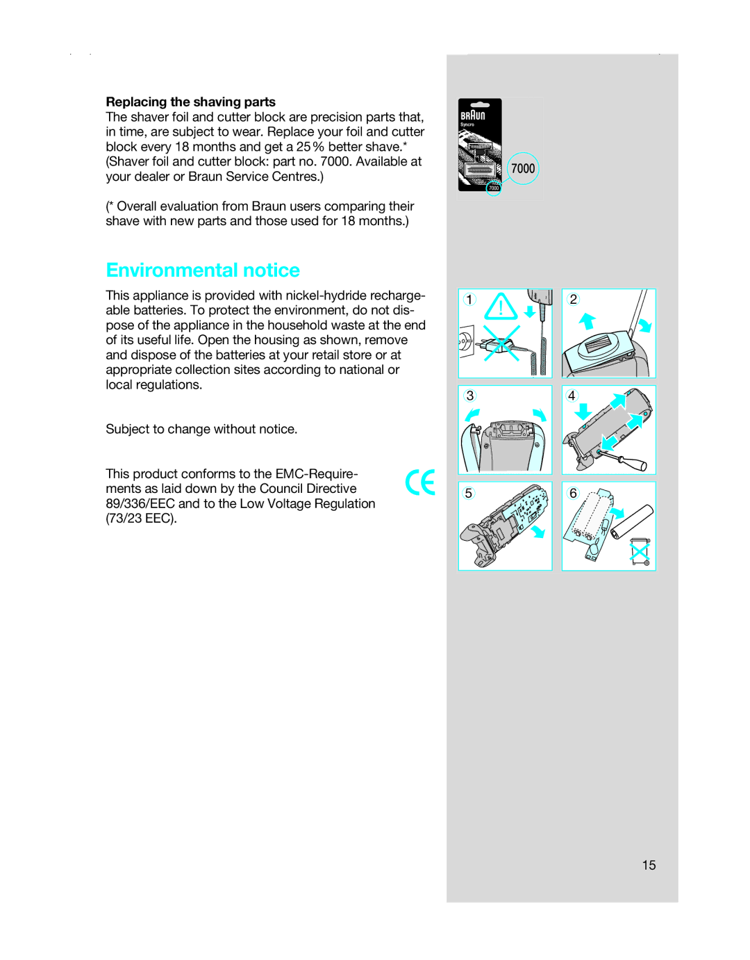 Braun 7630 manual Environmental notice, Replacing the shaving parts 