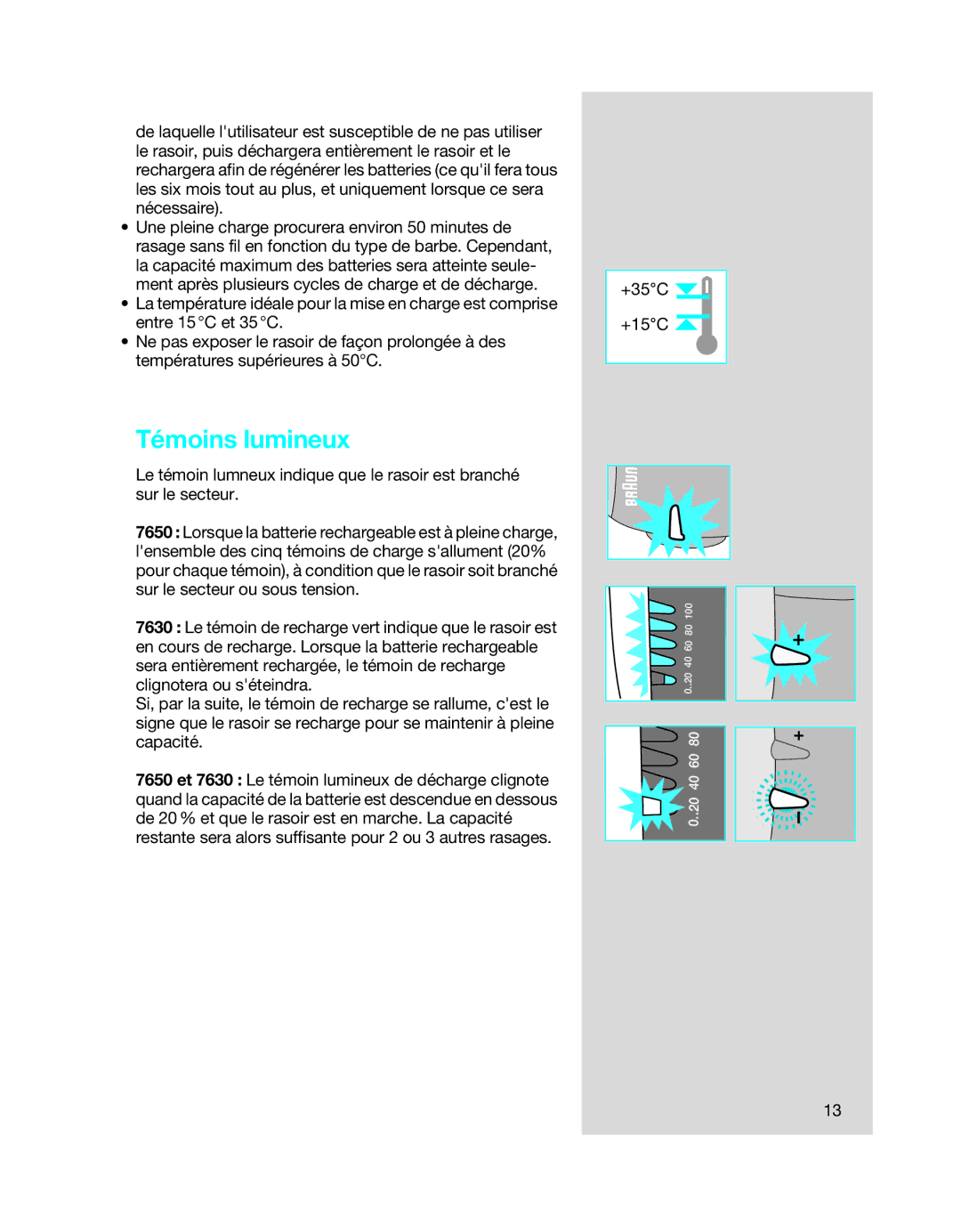 Braun 7650 manual Témoins lumineux, +35C +15C 