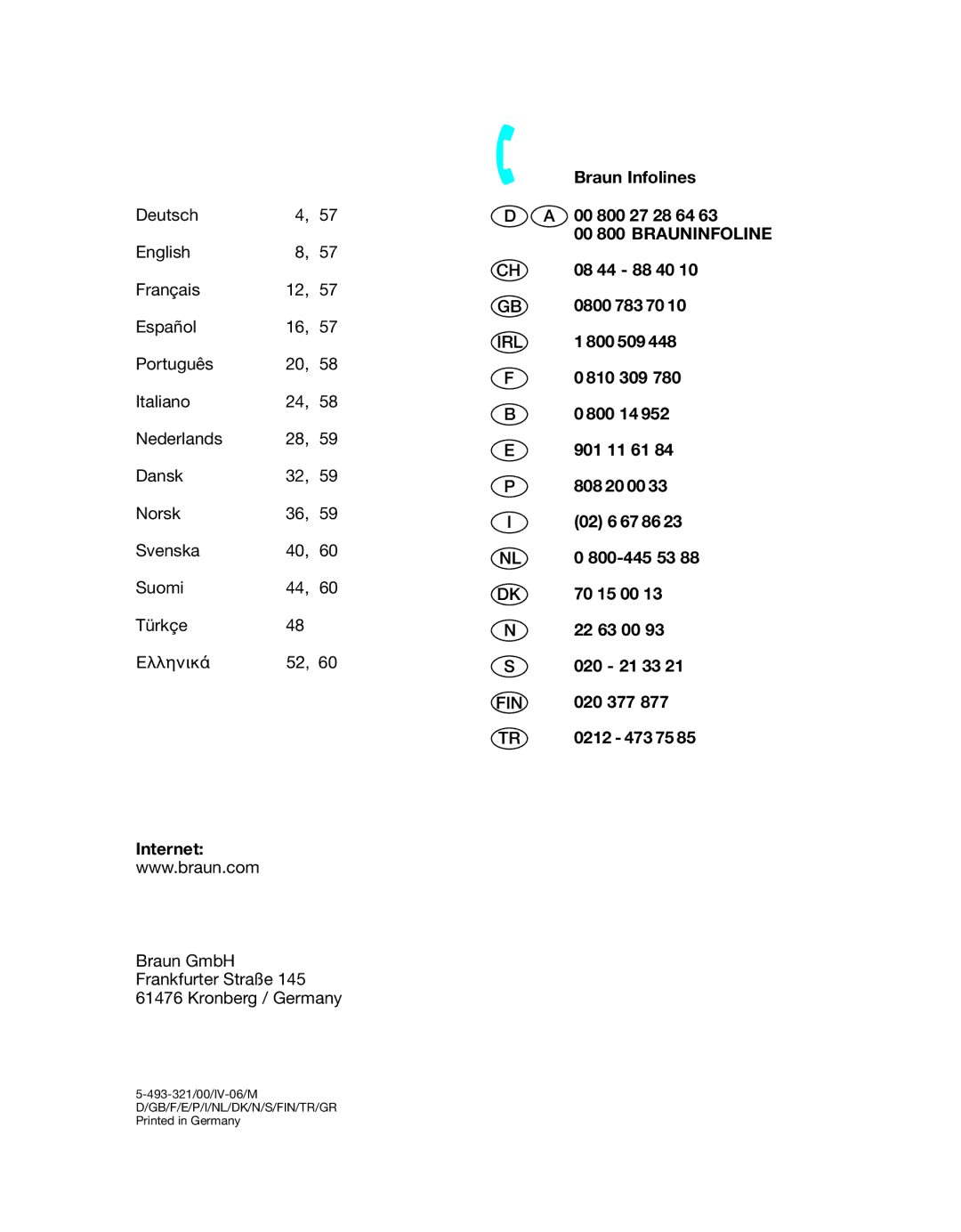 Braun 7650 manual Internet, Braun Infolines 00 800 27 28 64, 08 44 88 40, 0800 783 70, 800 509, 020 377 