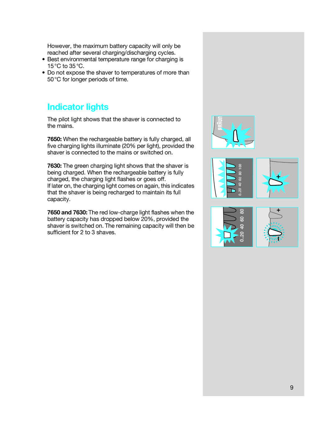 Braun 7650 manual Indicator lights, Pilot light shows that the shaver is connected to the mains 