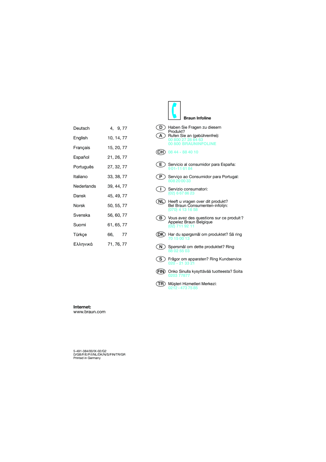 Braun 7690 manual Internet, 00 800 Brauninfoline 