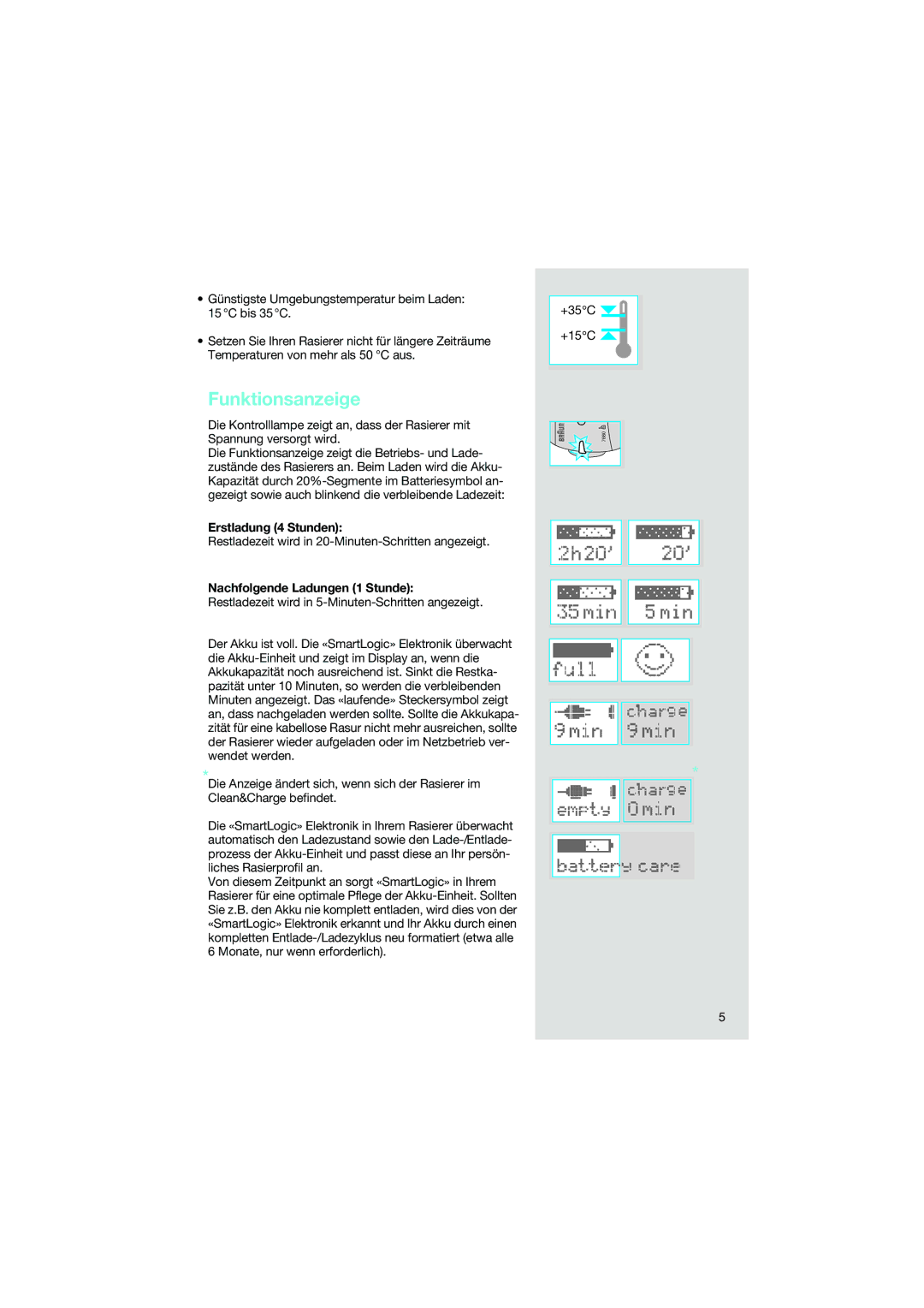 Braun 7690 manual Funktionsanzeige, Erstladung 4 Stunden, Restladezeit wird in 20-Minuten-Schritten angezeigt 