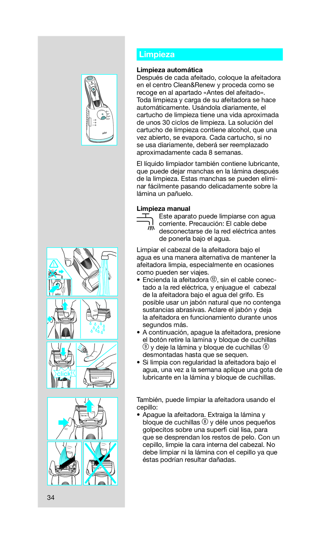 Braun 790 cc Limpieza automática, Limpieza manual 