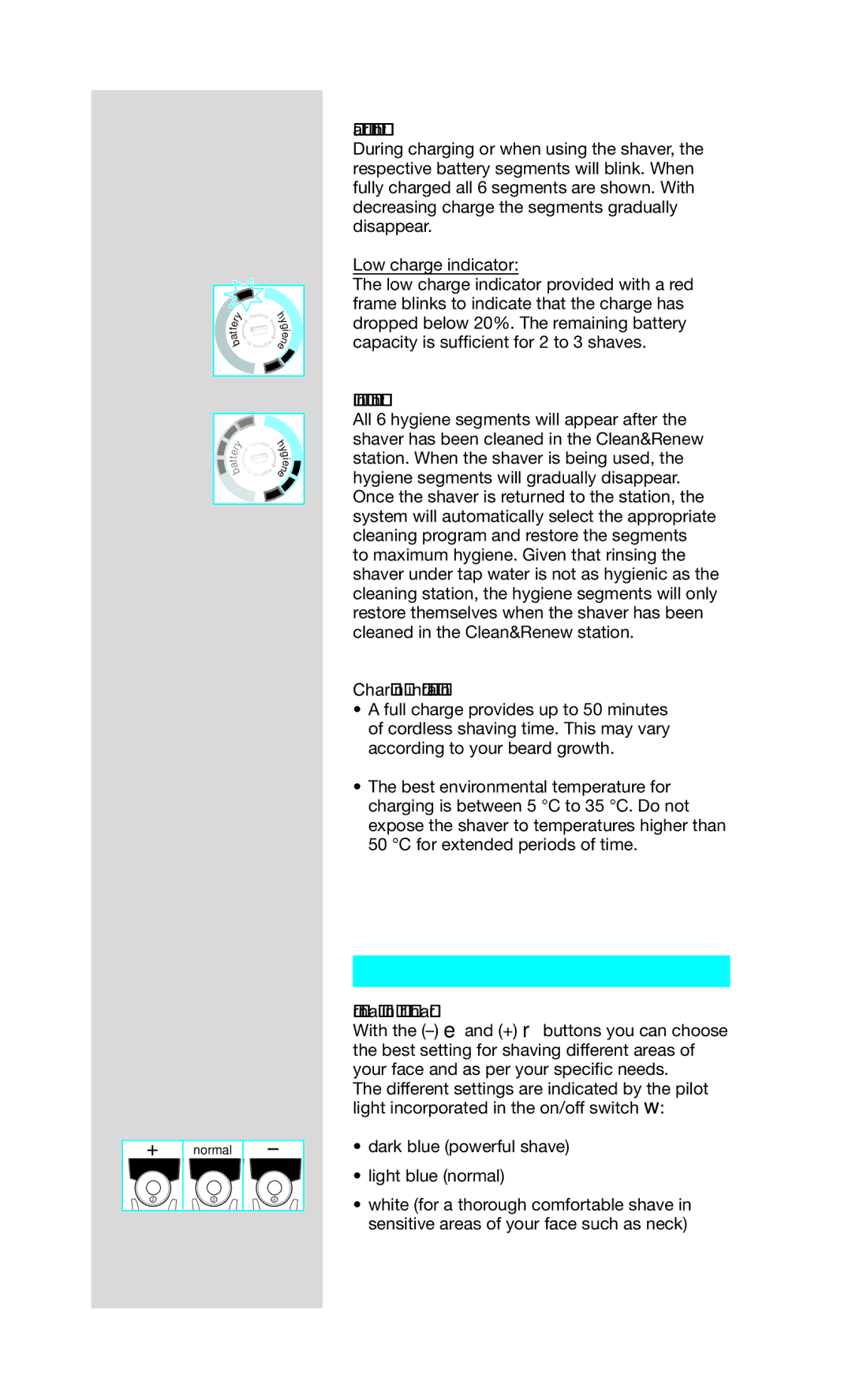 Braun 790CC-4 manual Personalizing your shaver, Battery segments, Hygiene segments, Charging information 
