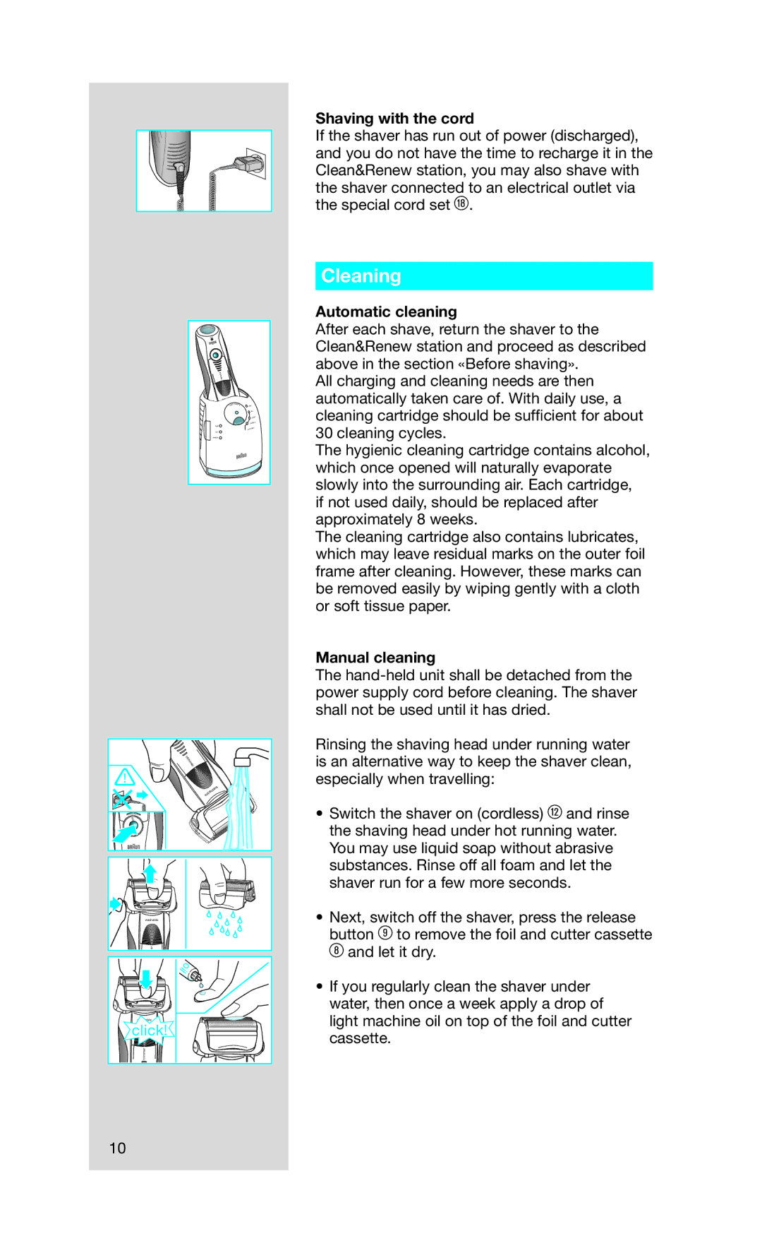 Braun 790CC, Series 7 790cc-4 manual Cleaning, Shaving with the cord, Automatic cleaning, Manual cleaning 