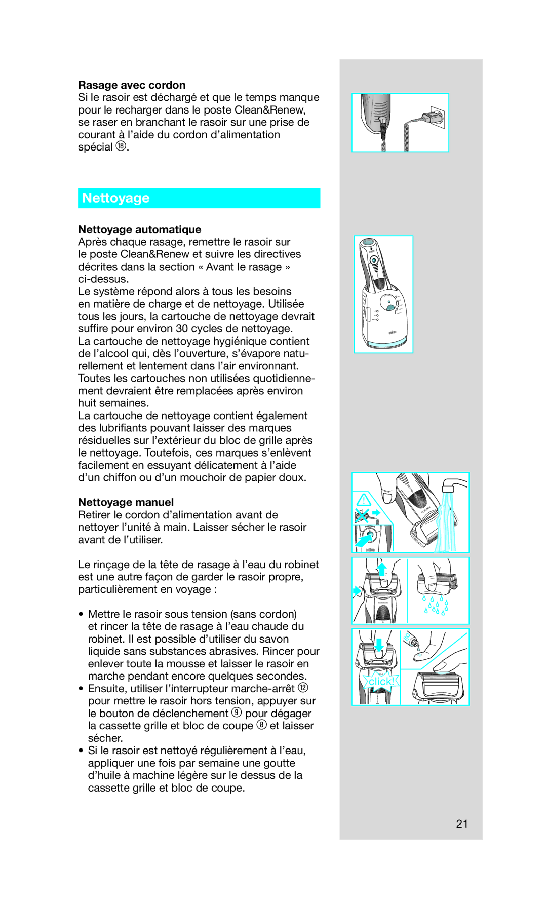 Braun Series 7 790cc-4, 790CC manual Rasage avec cordon, Nettoyage automatique, Nettoyage manuel 