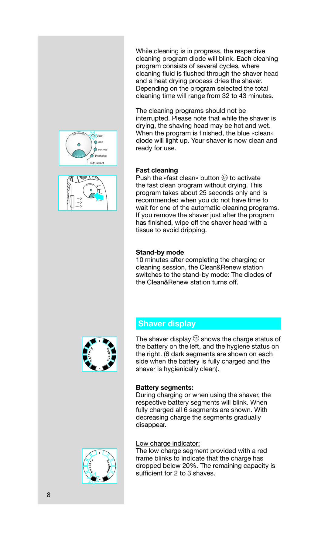Braun 790CC, Series 7 790cc-4 manual Shaver display, Fast cleaning, Stand-by mode, Battery segments 