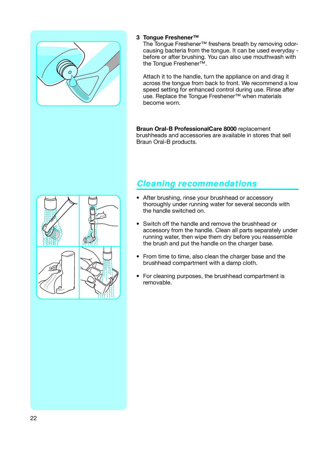 Braun 8000 warranty Cleaning recommendations, Tongue Freshener 