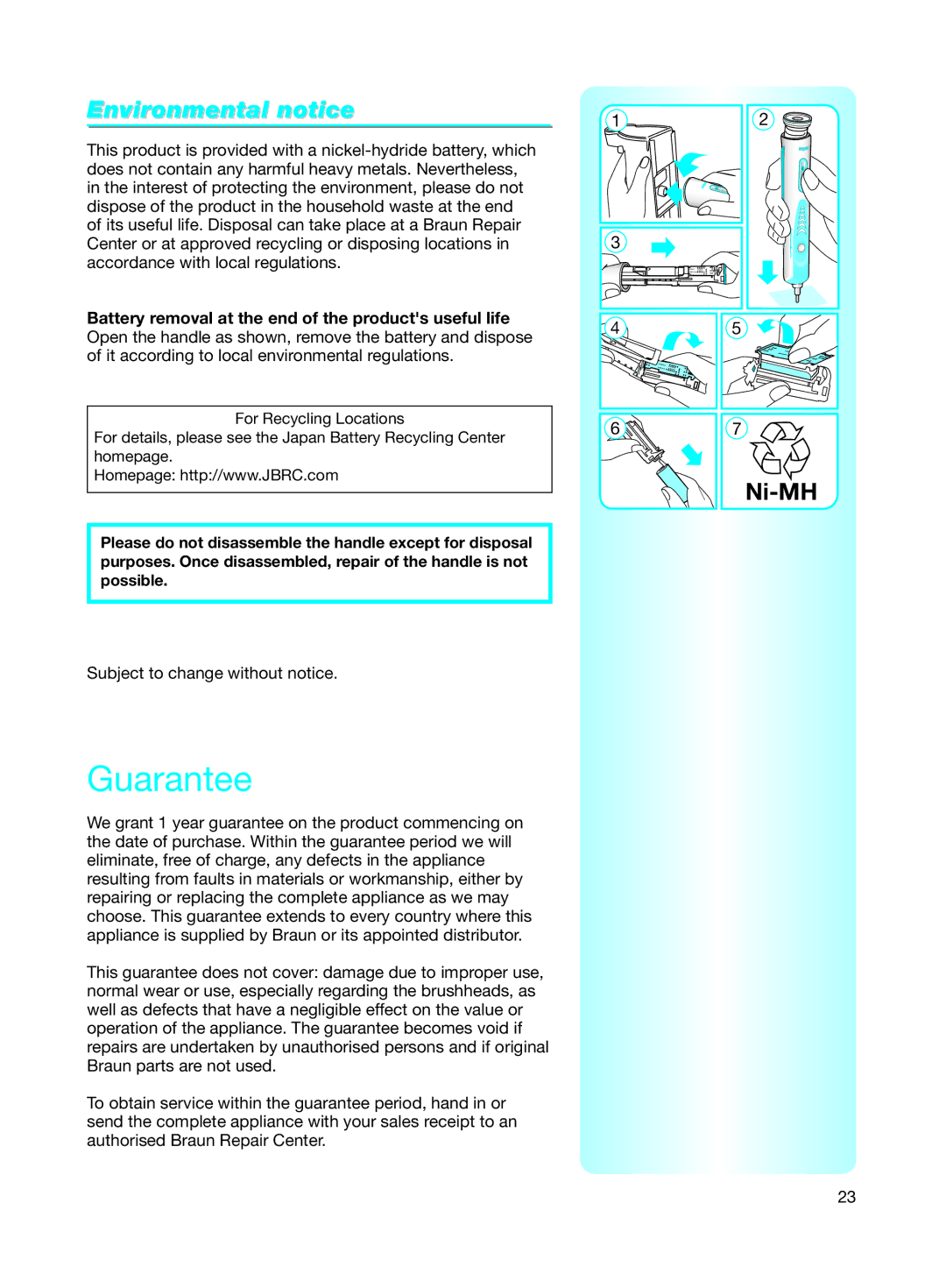 Braun 8000 warranty Guarantee, Environmental notice 