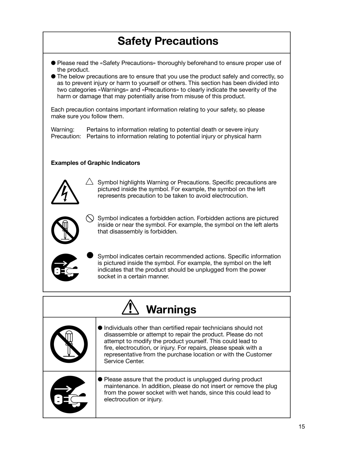 Braun 8000 warranty Safety Precautions, Warnings, Examples of Graphic Indicators 