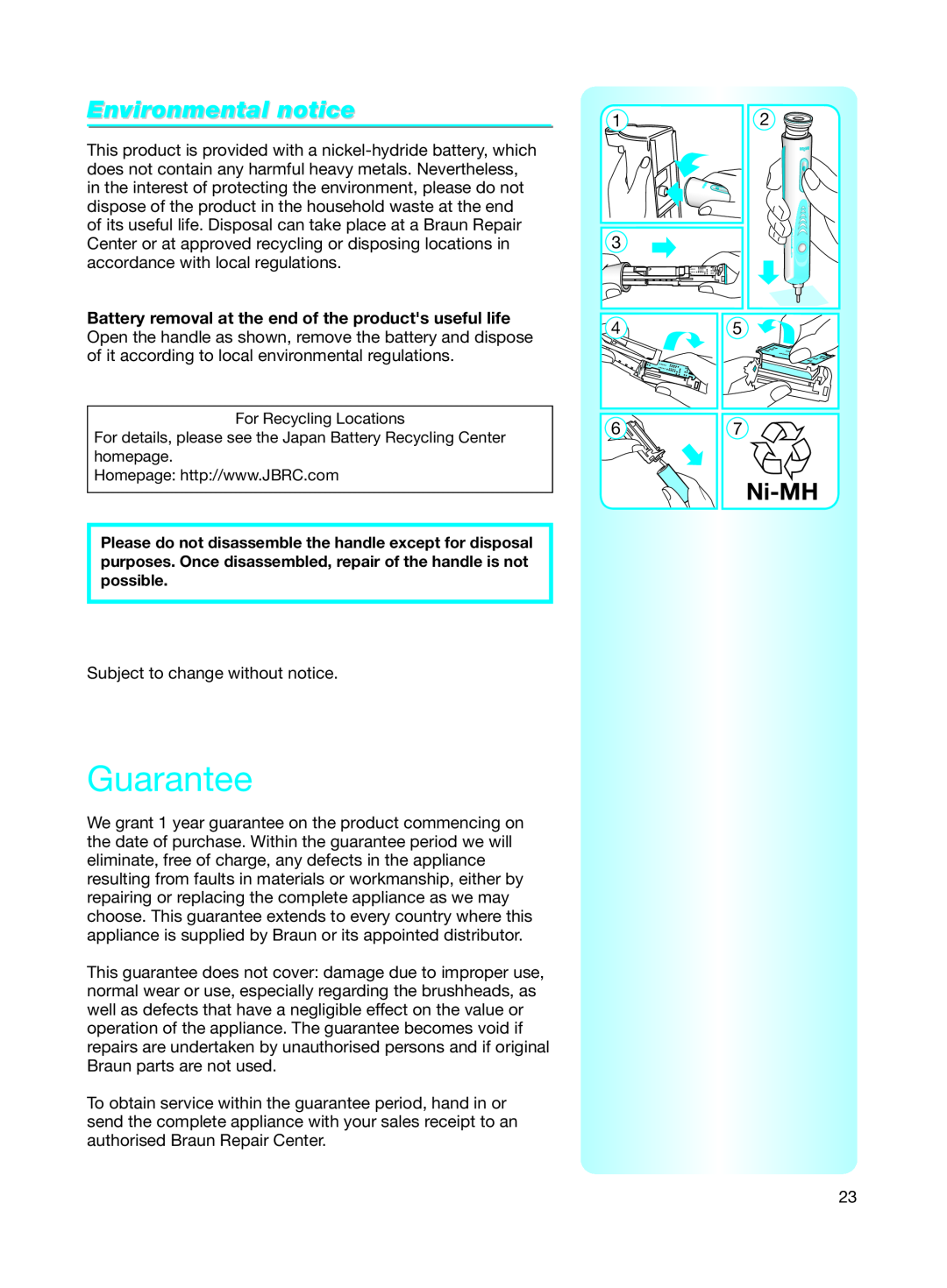 Braun 8000 warranty Environmental notice, Guarantee, Ni-MH 