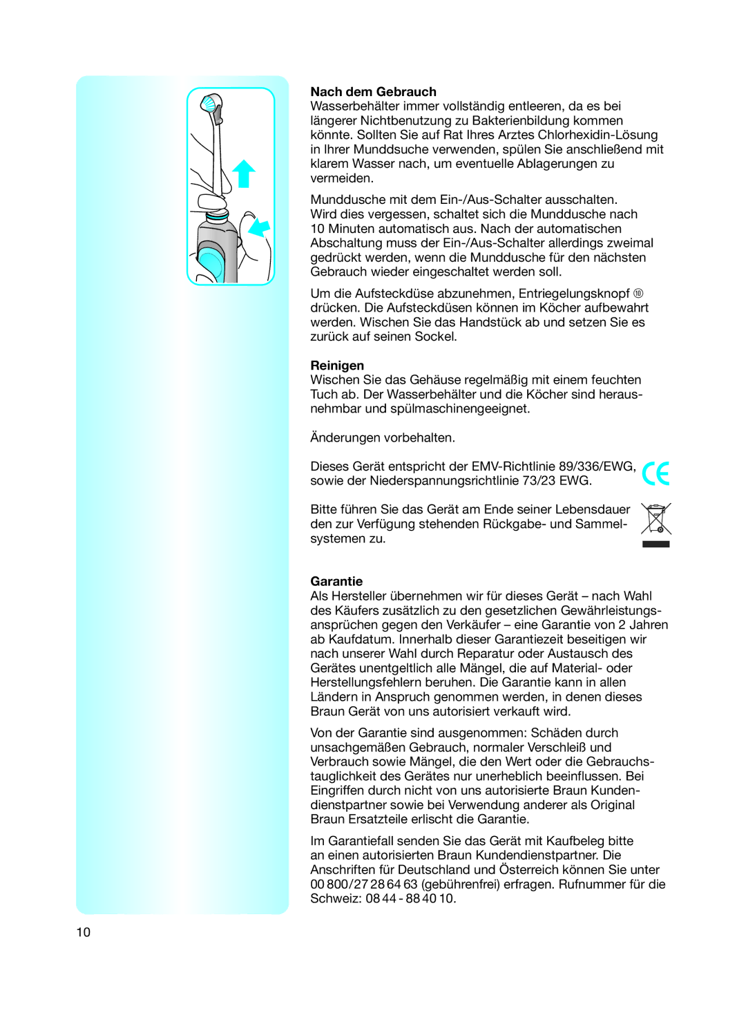 Braun 8500 Series manual Nach dem Gebrauch, Garantie 