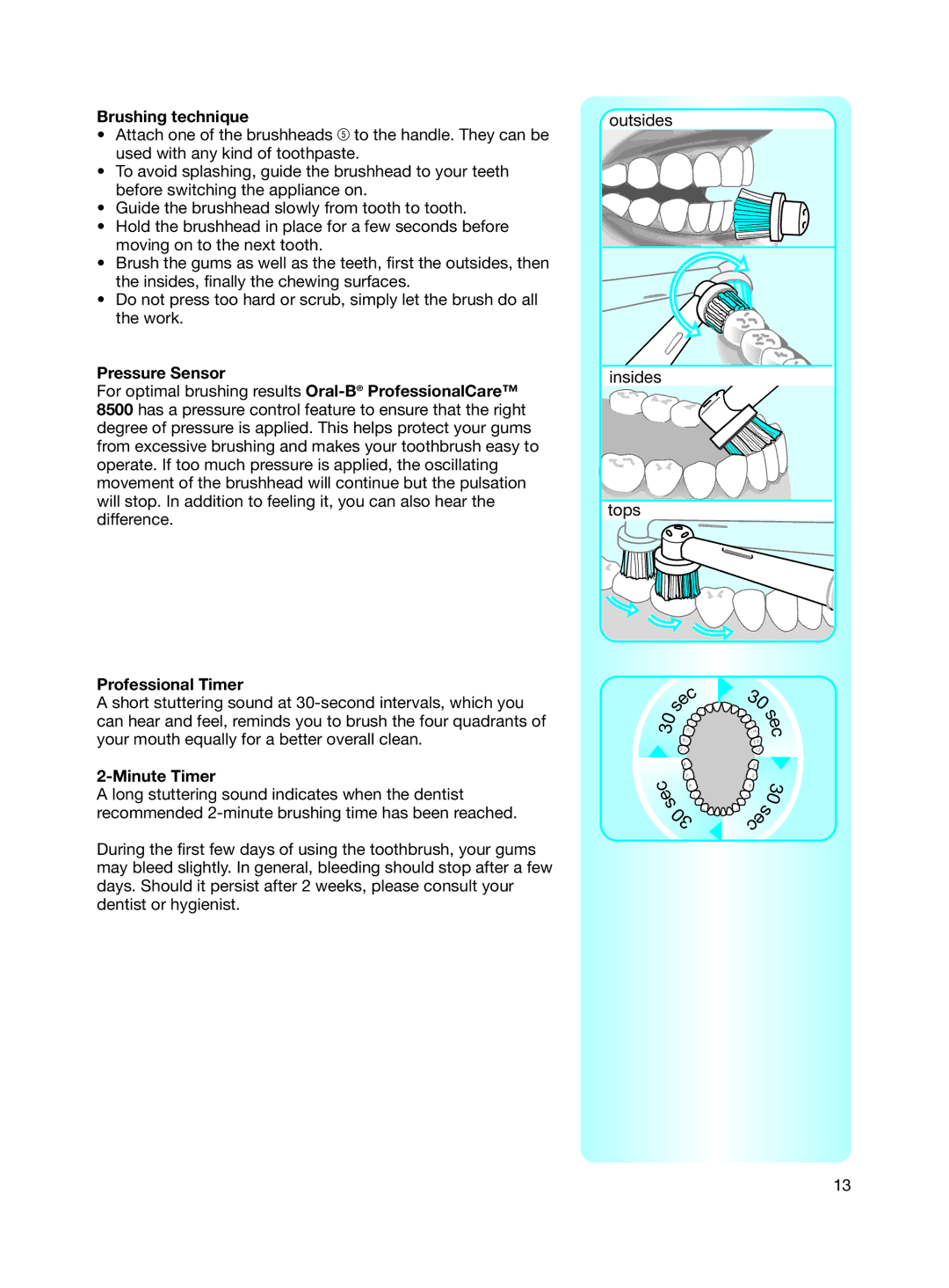 Braun 8500 Series manual Brushing technique, Pressure Sensor, Minute Timer 