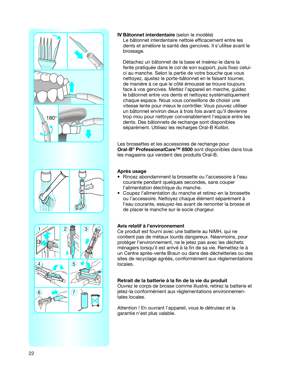 Braun 8500 Series manual IV Bâtonnet interdentaire selon le modèle, Après usage, Avis relatif à l’environnement 