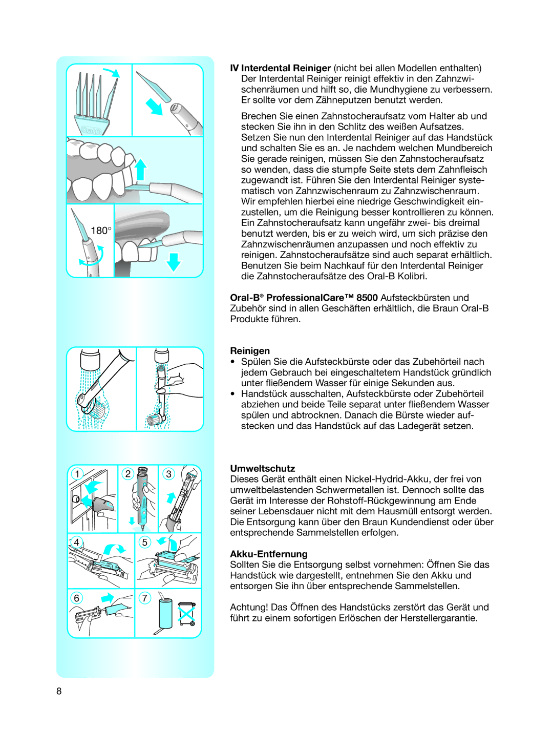 Braun 8500 Series manual Umweltschutz, Akku-Entfernung 