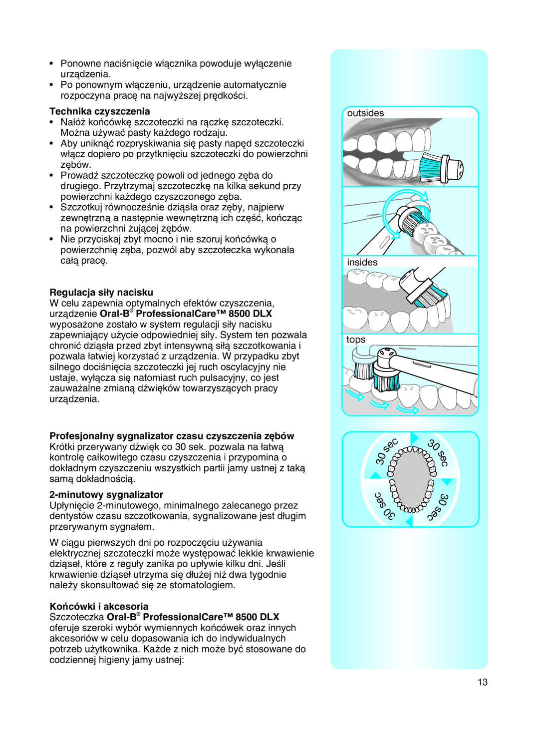 Braun 8500 manual Technika czyszczenia, Minutowy sygnalizator 