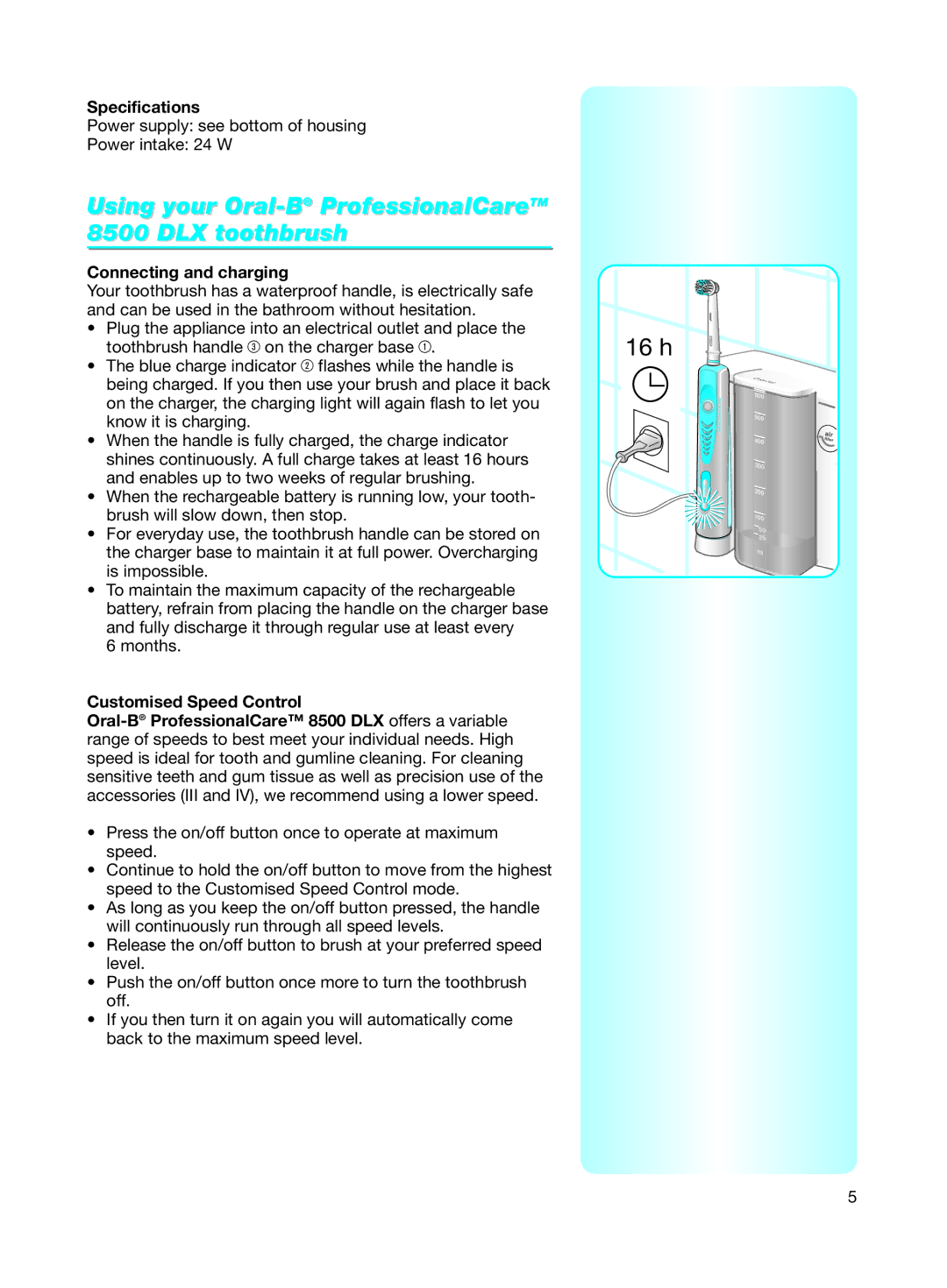 Braun 8500 manual Specifications, Connecting and charging 