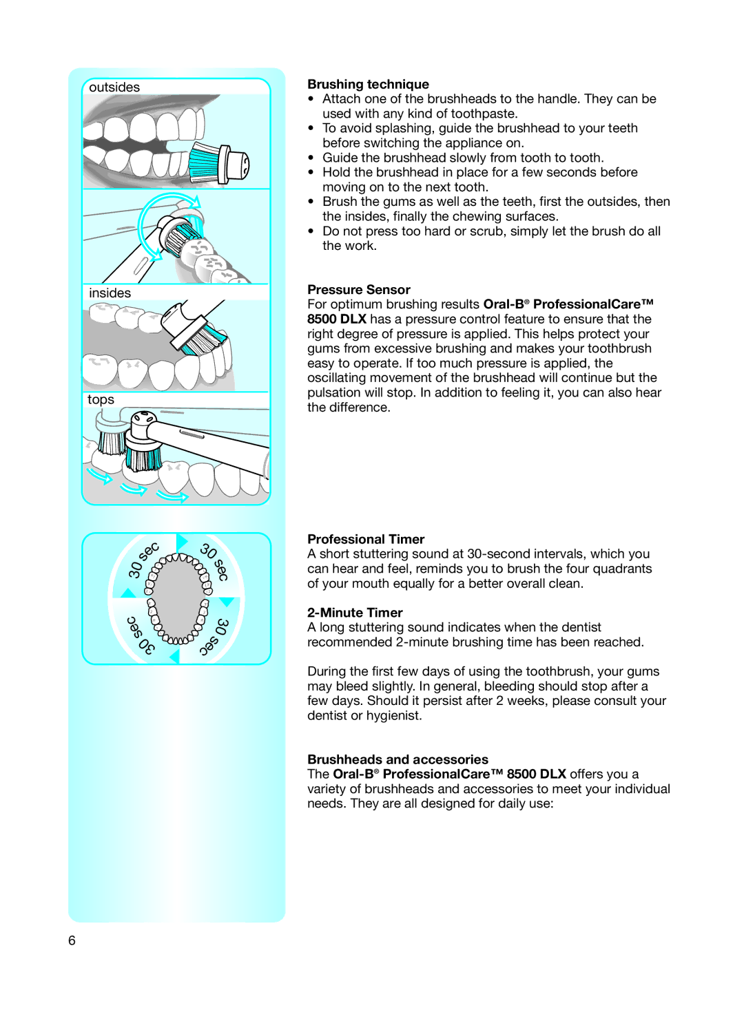 Braun 8500 manual Brushing technique, Pressure Sensor, Professional Timer, Minute Timer 