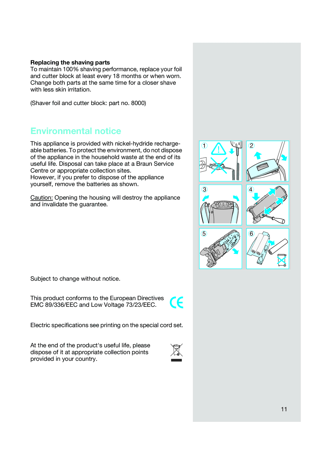 Braun 8588, 8583 manual Environmental notice, Replacing the shaving parts 