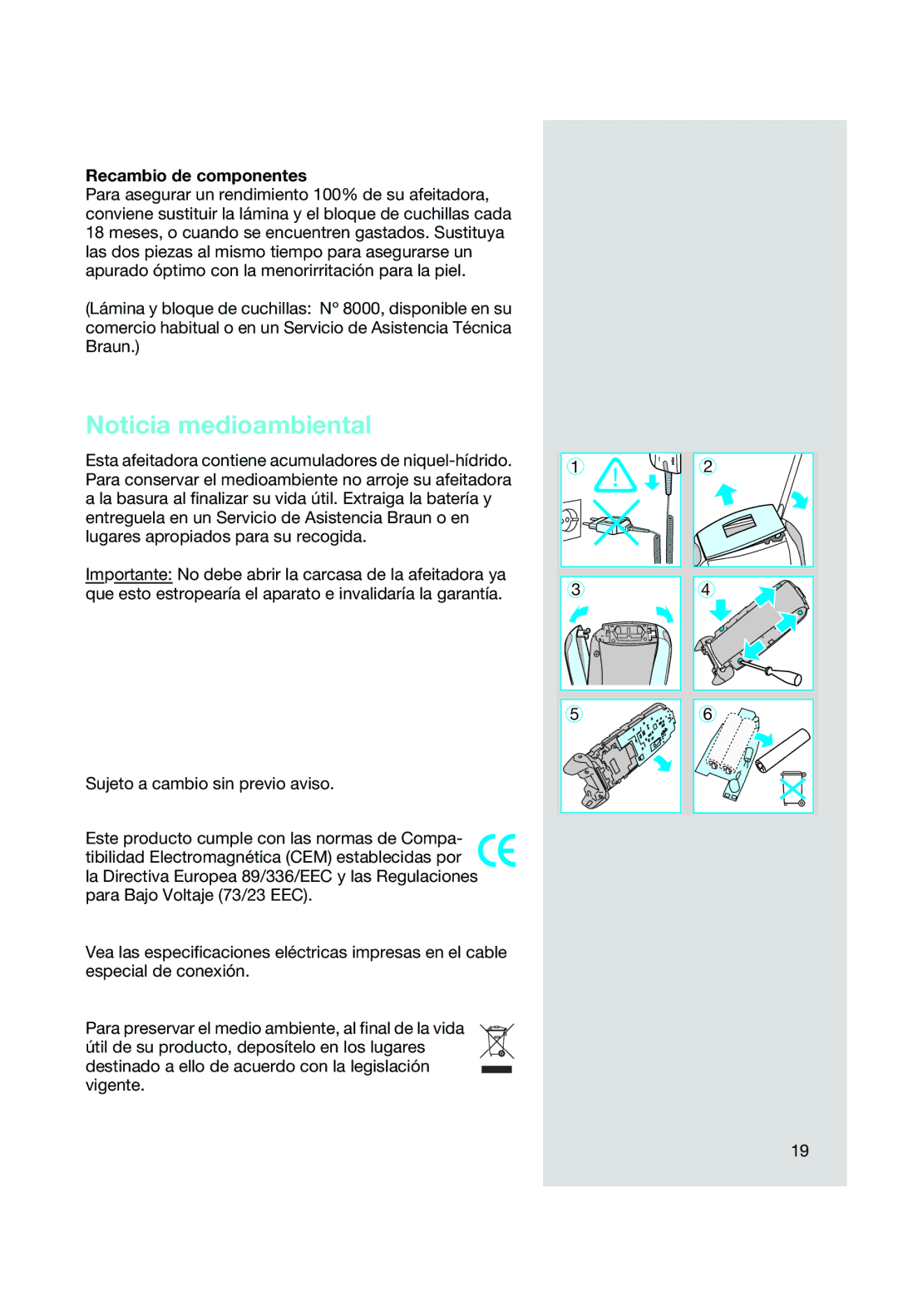 Braun 8588, 8583 manual Noticia medioambiental, Recambio de componentes 