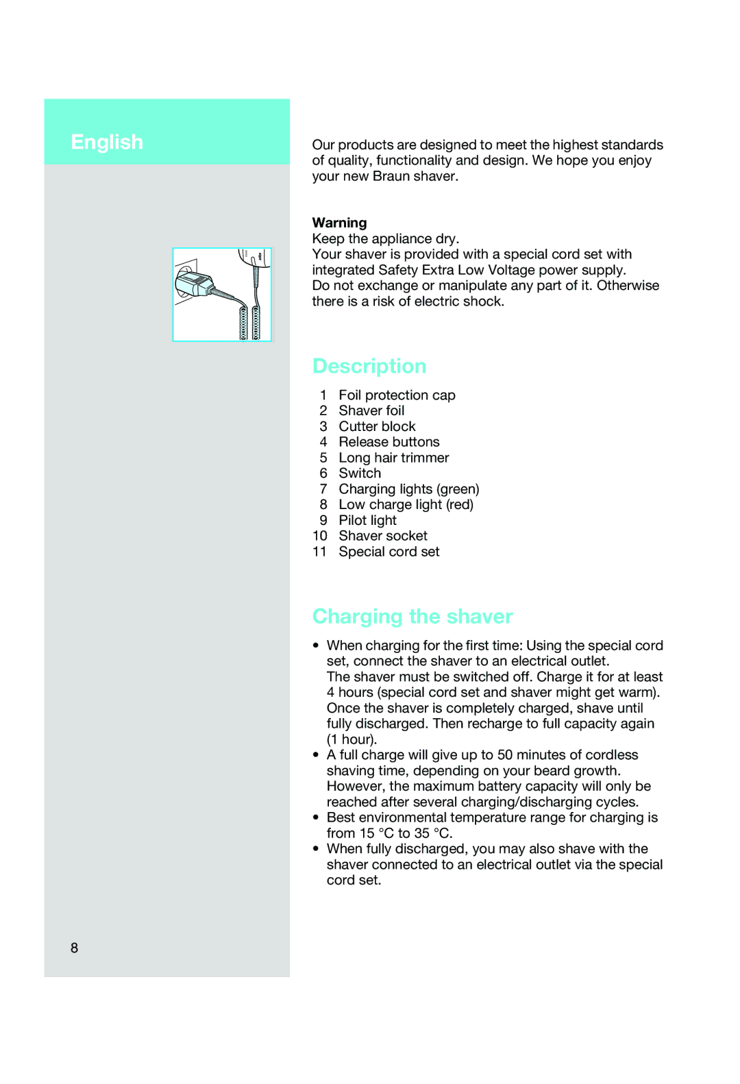 Braun 8583, 8588 manual English, Description, Charging the shaver 