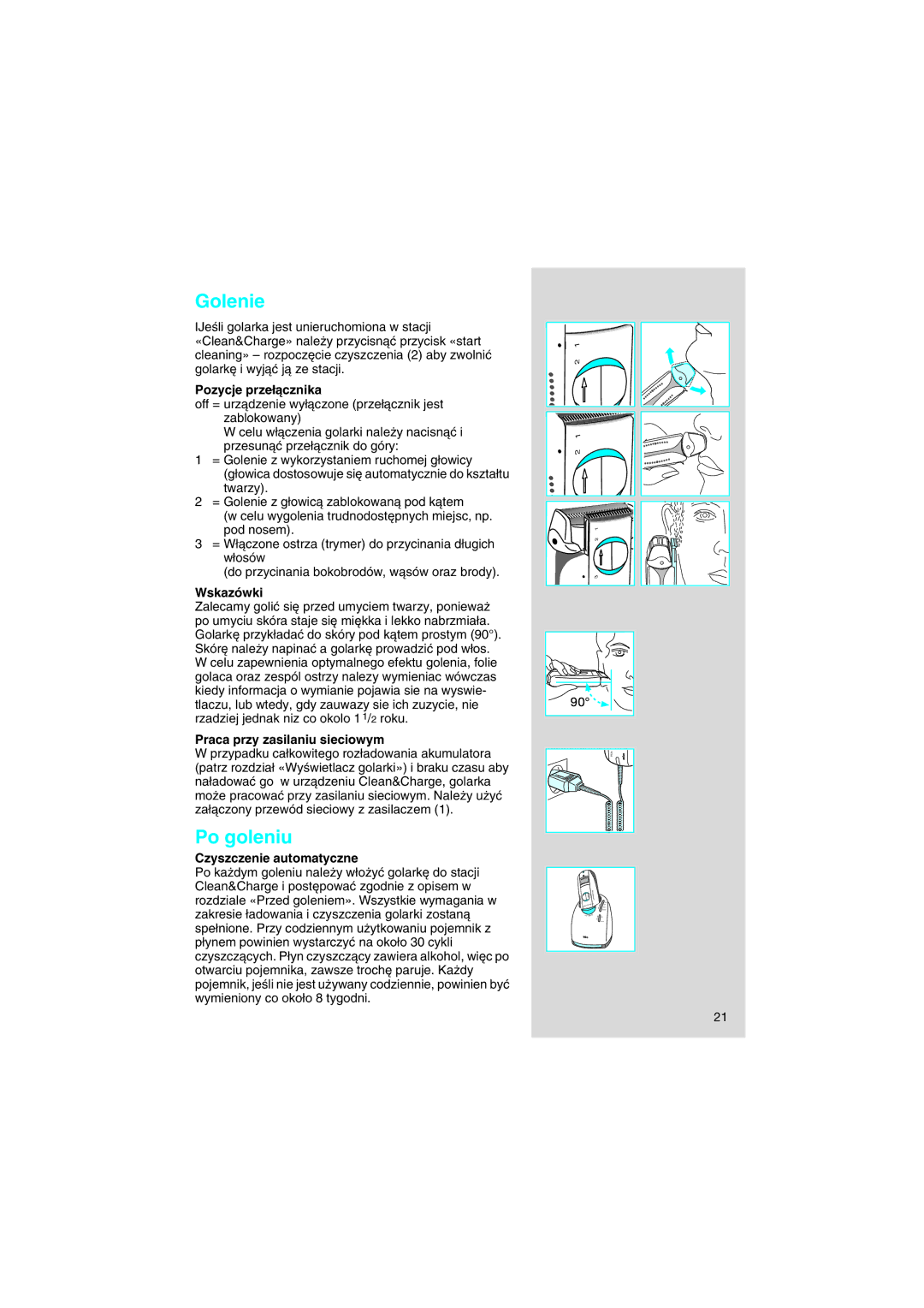 Braun 8595 manual Golenie, Po goleniu 