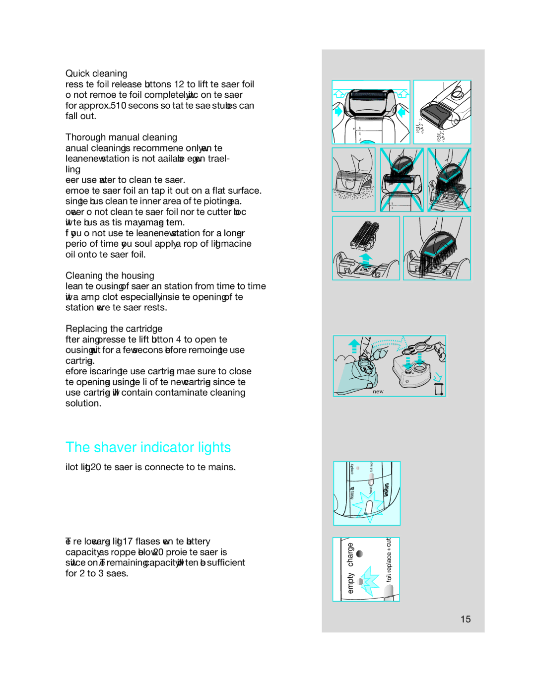 Braun 8985 Shaver indicator lights, Quick cleaning, Thorough manual cleaning, Cleaning the housing 