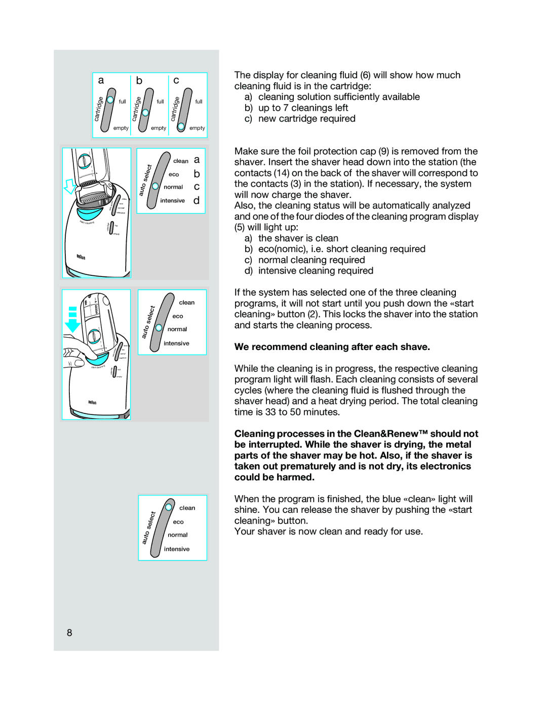 Braun 8986 manual We recommend cleaning after each shave, Start 