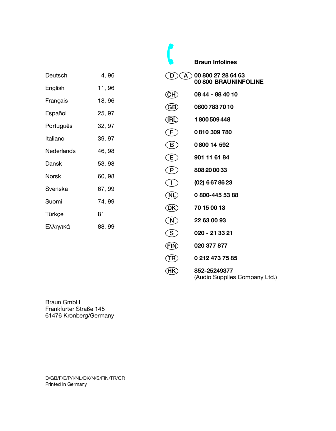 Braun 8990 Braun Infolines, 00 800 27 28 64, 08 44 88 40, 0800 783 70, 800 509, 810 309, 800 14, 901 11 61, 808 20 00 