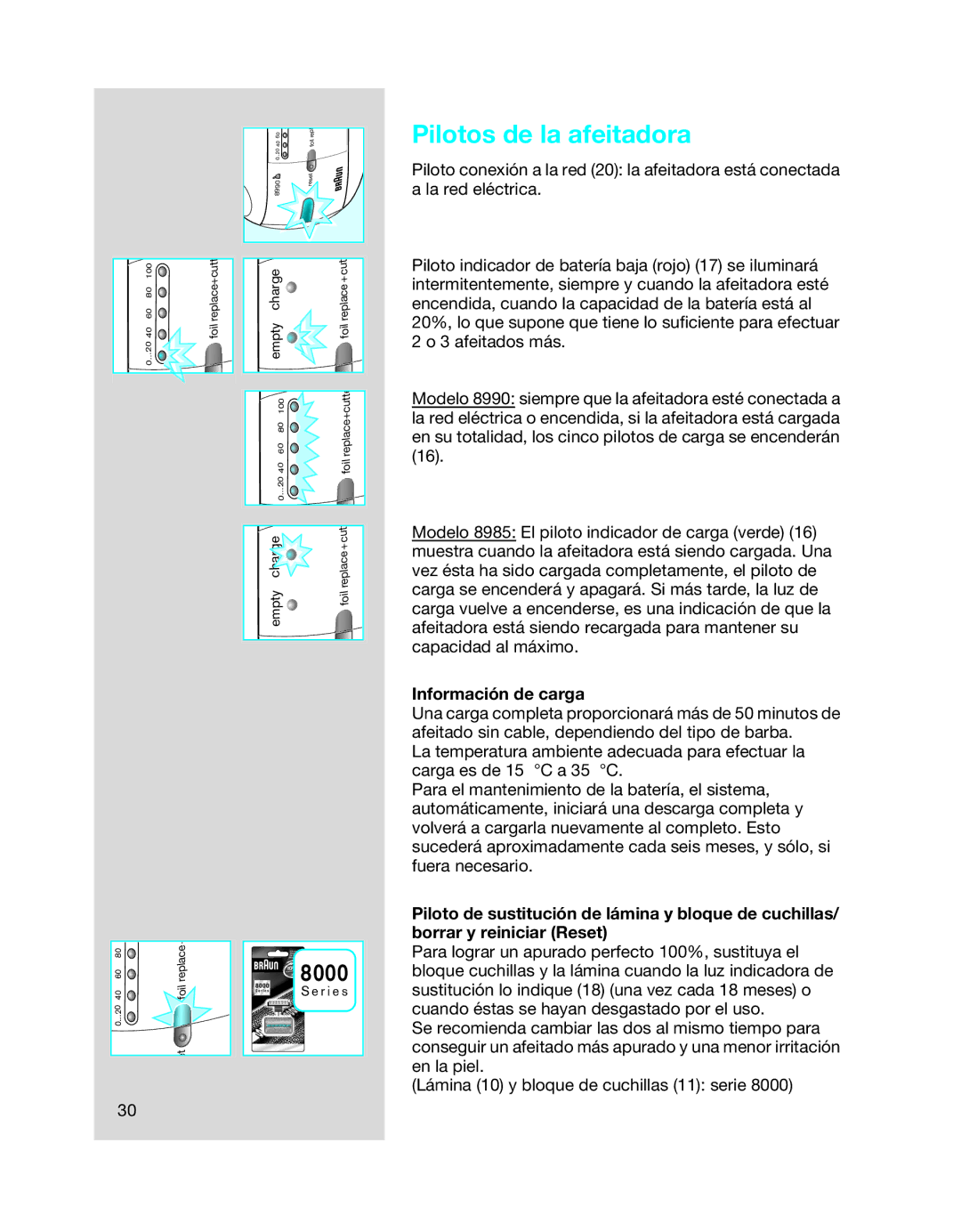 Braun 8990 manual Pilotos de la afeitadora, Información de carga 