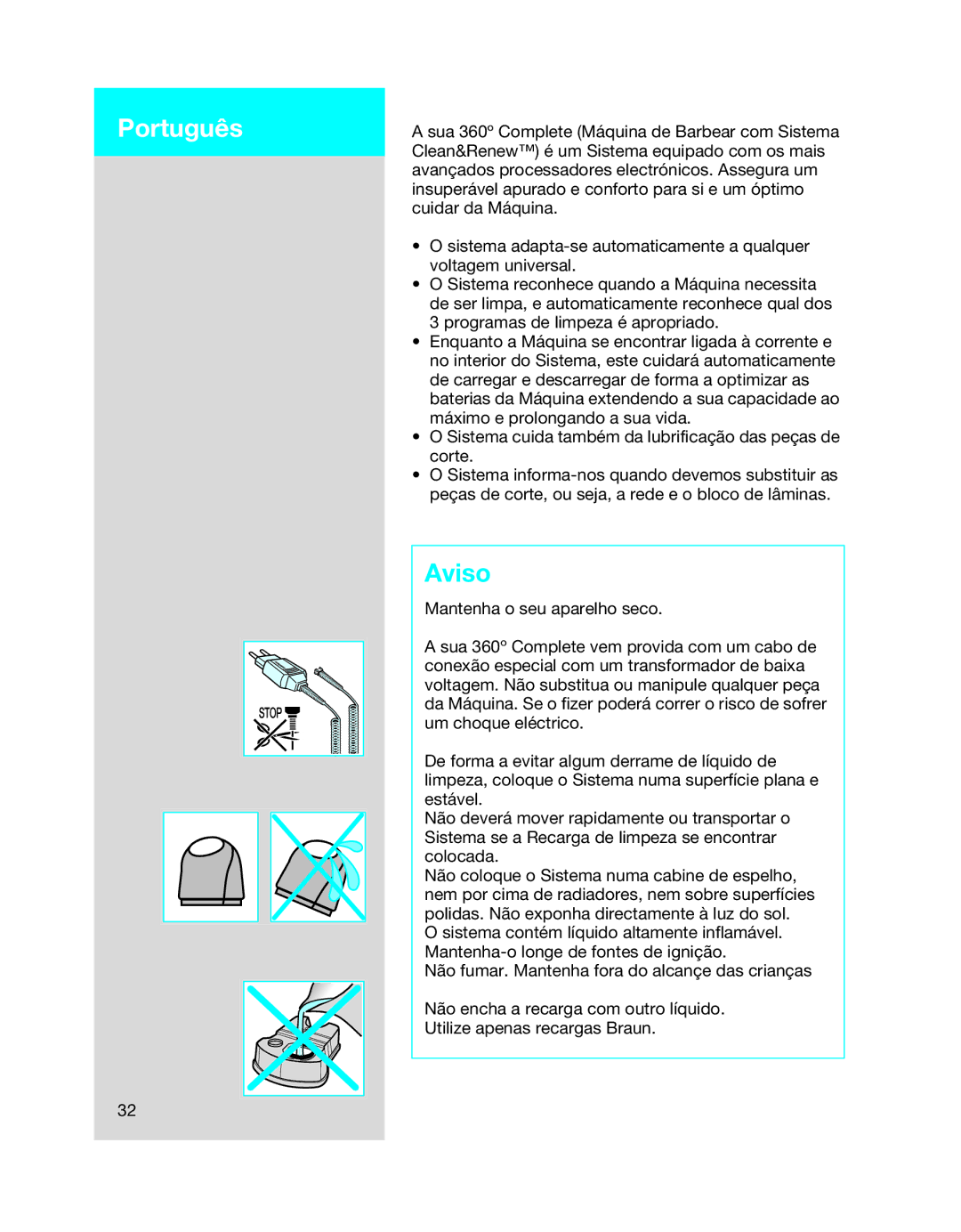 Braun 8990 manual Português, Aviso 