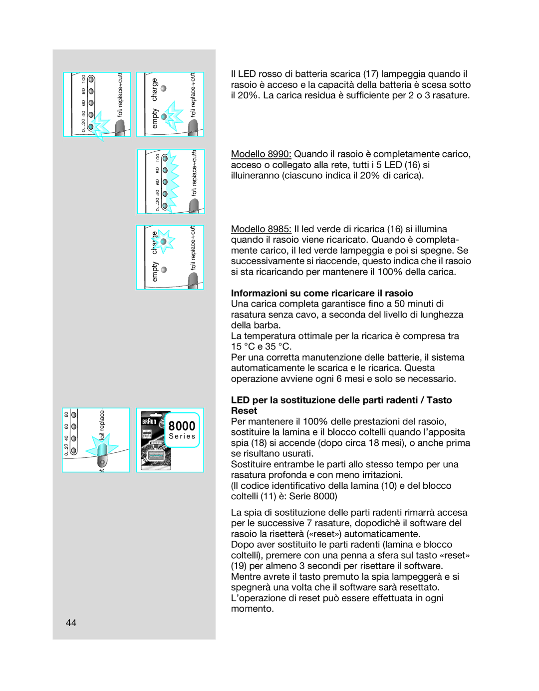 Braun 8990 manual Informazioni su come ricaricare il rasoio, LED per la sostituzione delle parti radenti / Tasto Reset 