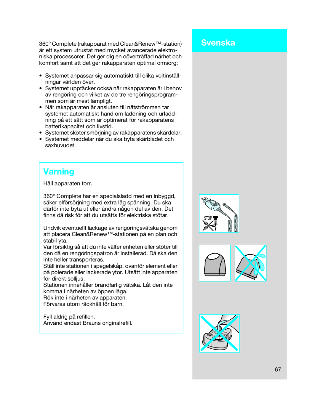 Braun 8990 manual Varning, Svenska 