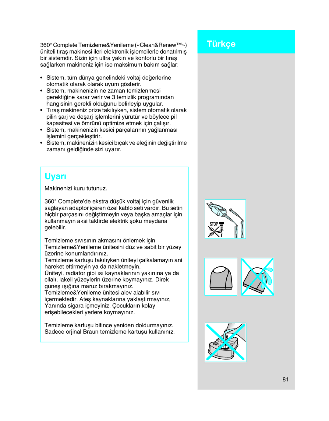 Braun 8990 manual Uyar∂, Türkçe 