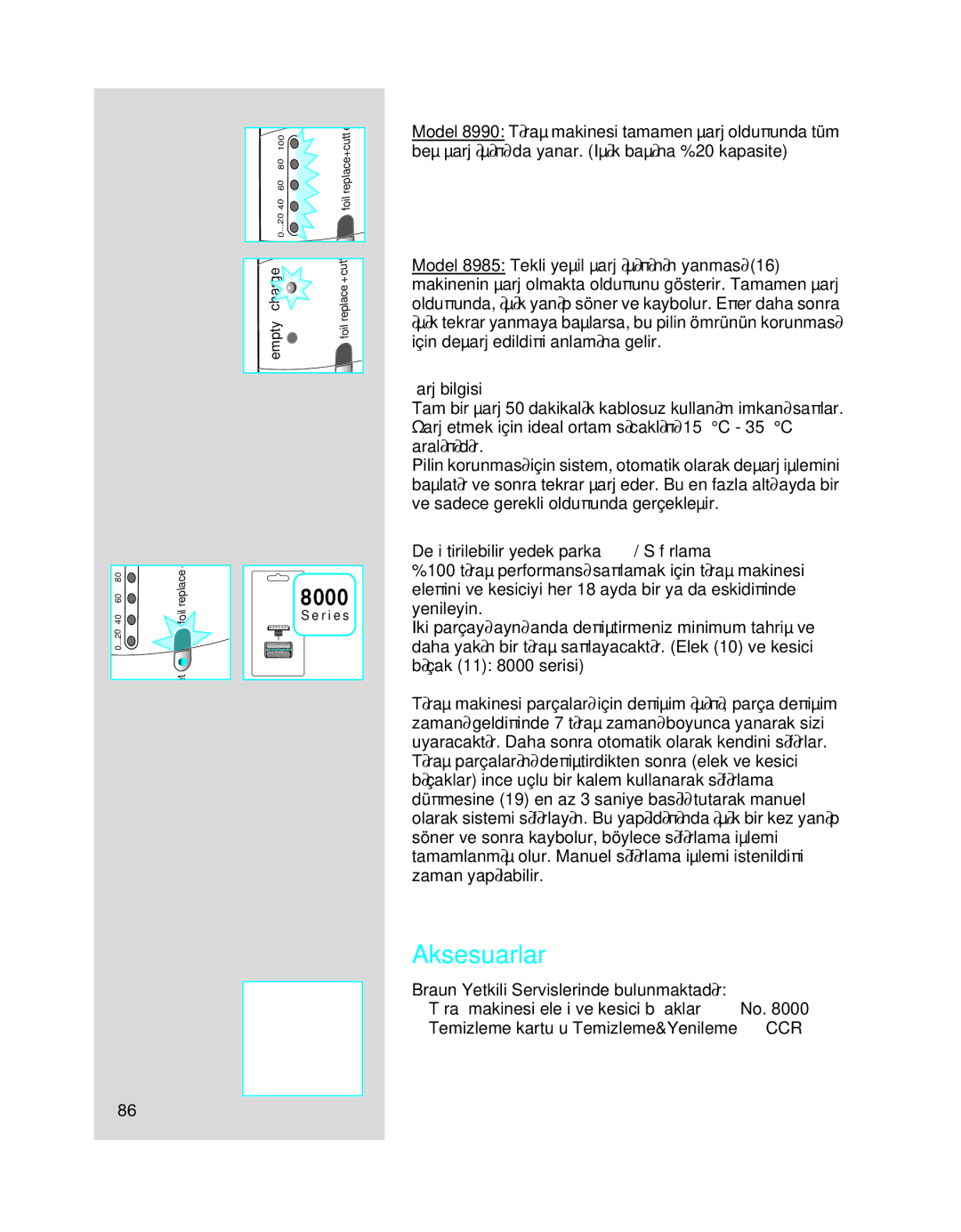 Braun 8990 manual Aksesuarlar, Ωarj bilgisi, Deπiµtirilebilir yedek parka ∂µ∂π∂ / S∂f∂rlama 