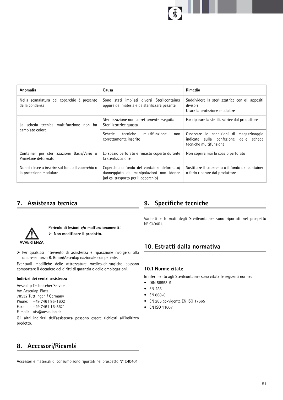 Braun 9-Jul manual Assistenza tecnica Specifiche tecniche, Estratti dalla normativa, Accessori/Ricambi, Norme citate 