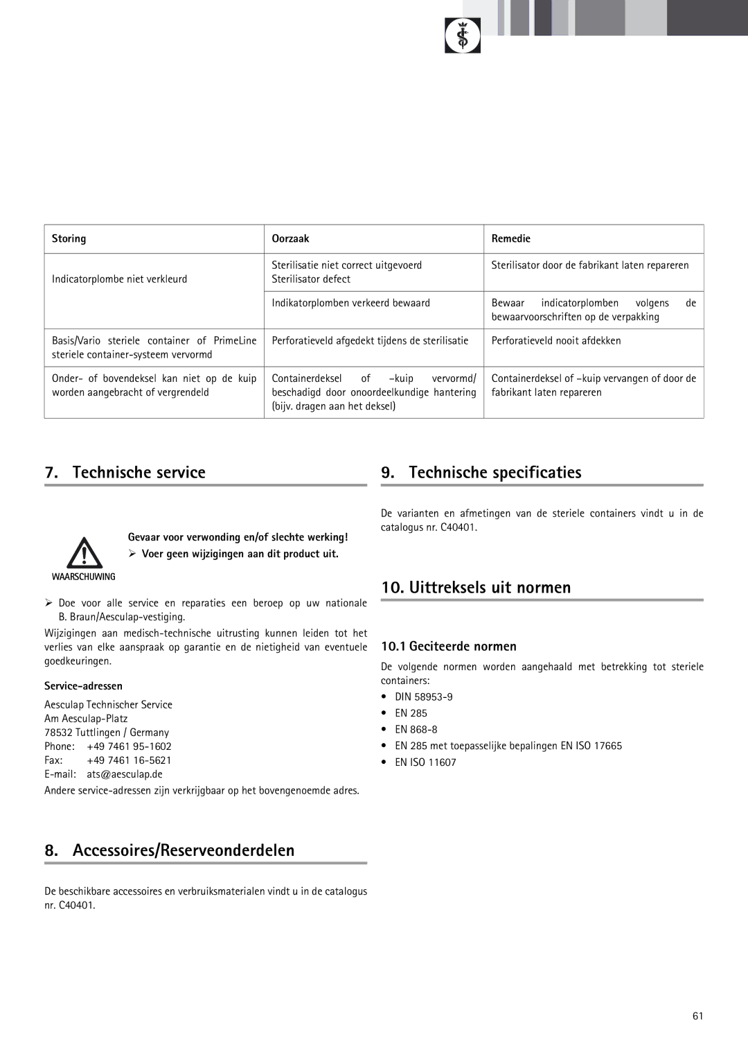 Braun 9-Jul manual Technische service Technische specificaties, Uittreksels uit normen, Accessoires/Reserveonderdelen 