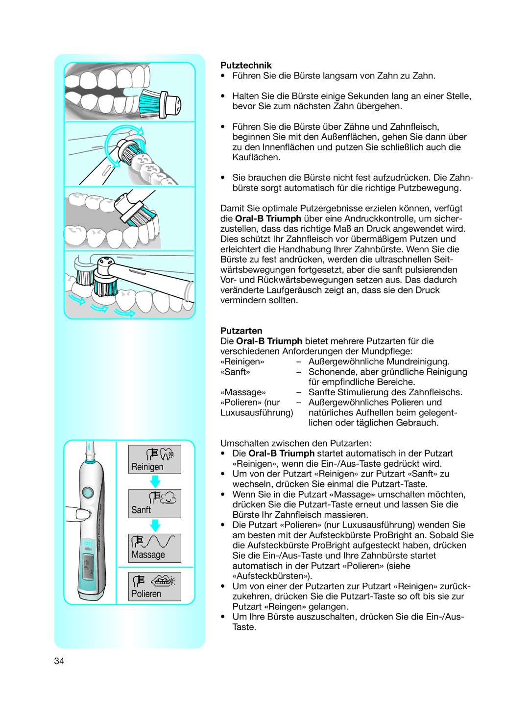 Braun 9500 manual Putztechnik, Putzarten 