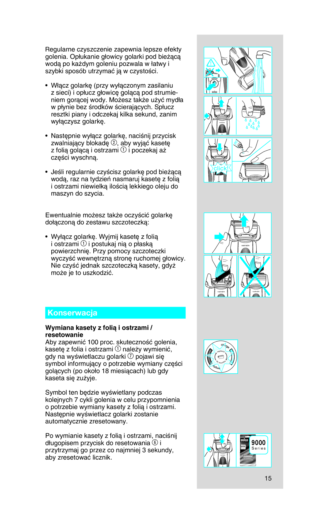 Braun 9565 manual Konserwacja, Wymiana kasety z folià i ostrzami / resetowanie, 9000 