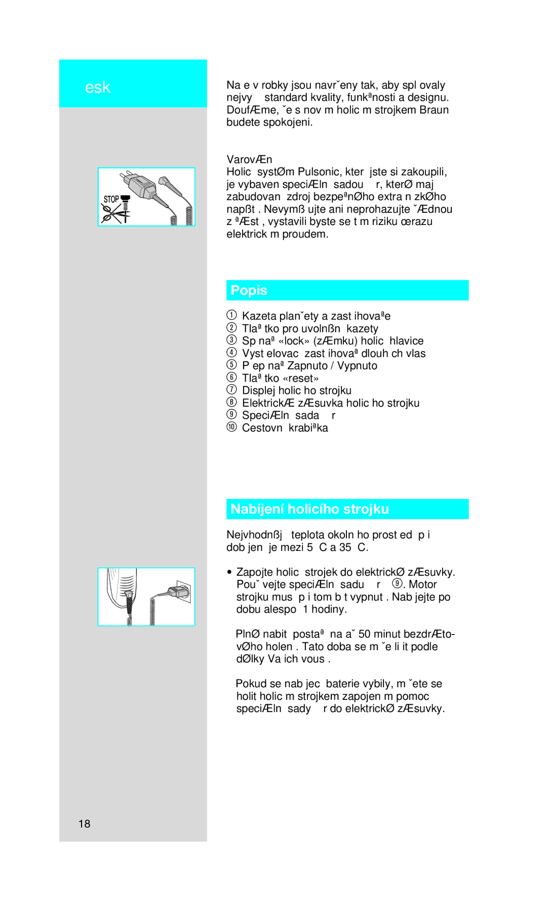 Braun 9565 manual Popis, Nabíjení holicího strojku, Varování 