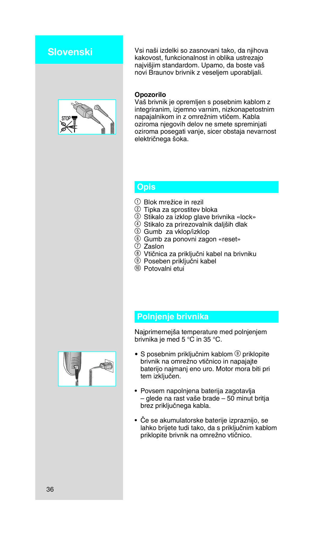 Braun 9565 manual Slovenski, Polnjenje brivnika, Opozorilo 