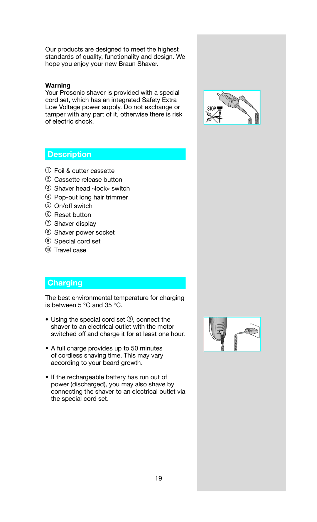 Braun 9566 manual Description, Charging 