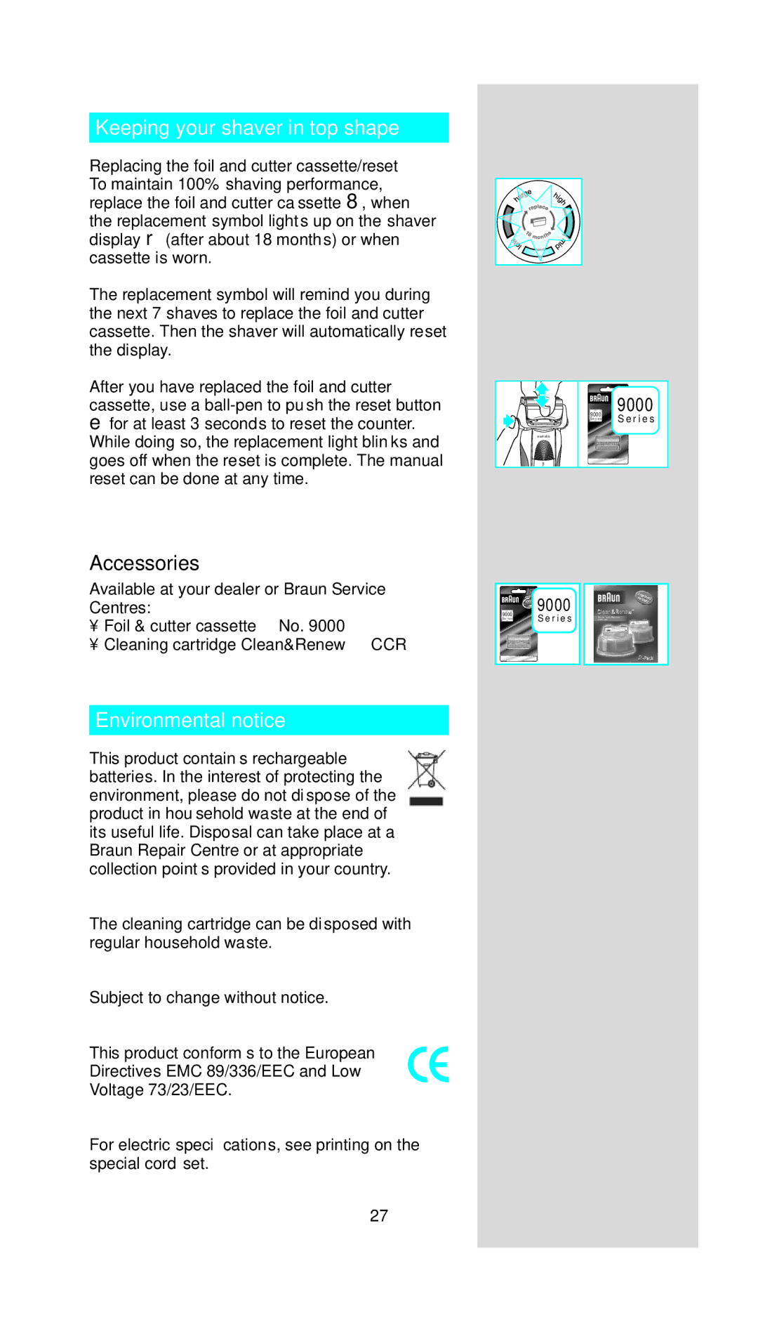 Braun 9581, 9591 manual Keeping your shaver in top shape, Environmental notice 