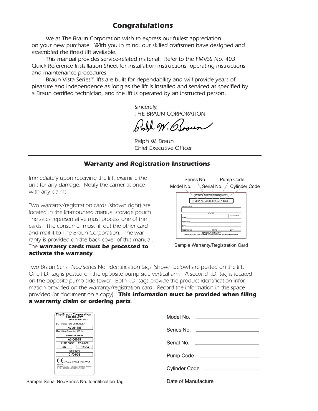 Braun A3 service manual Congratulations, Warranty and Registration Instructions 