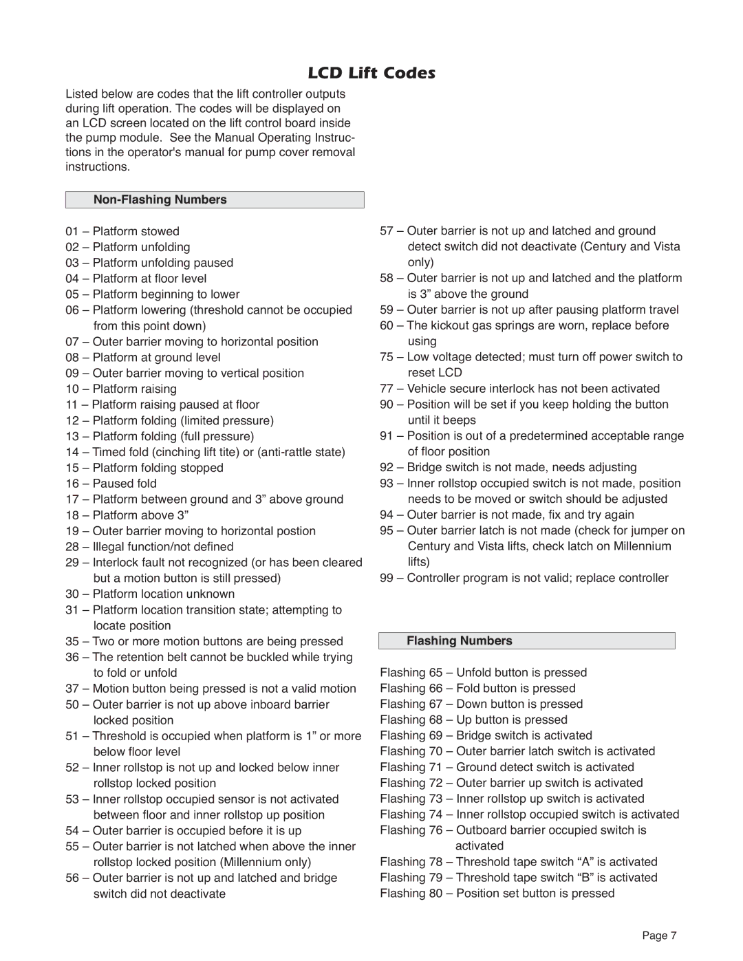 Braun A3 service manual LCD Lift Codes, Non-Flashing Numbers 