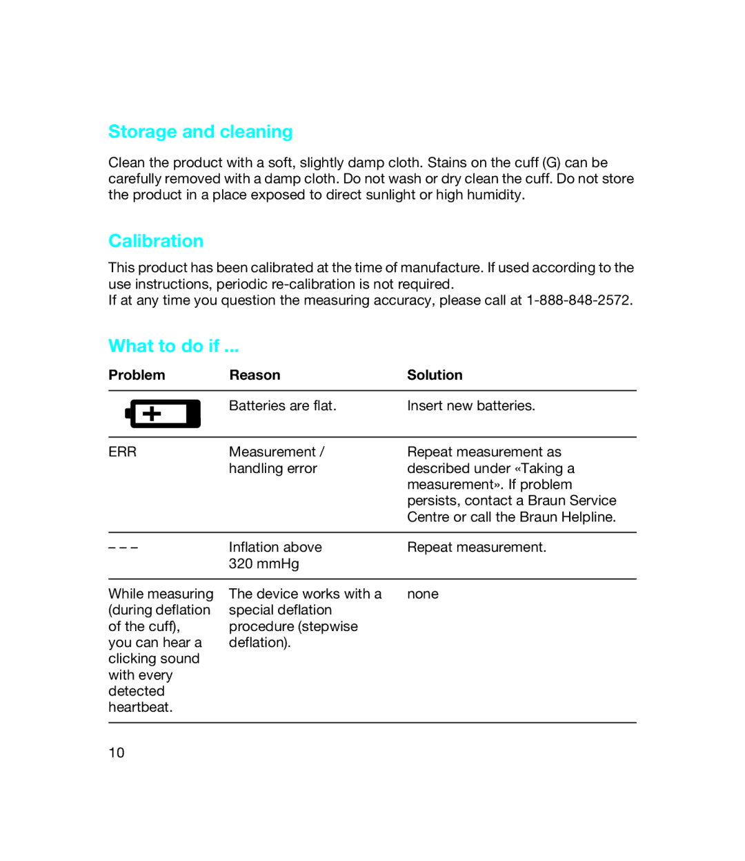 Braun bp1600, BP 1650 manual Storage and cleaning, Calibration, What to do if, Problem Reason Solution 